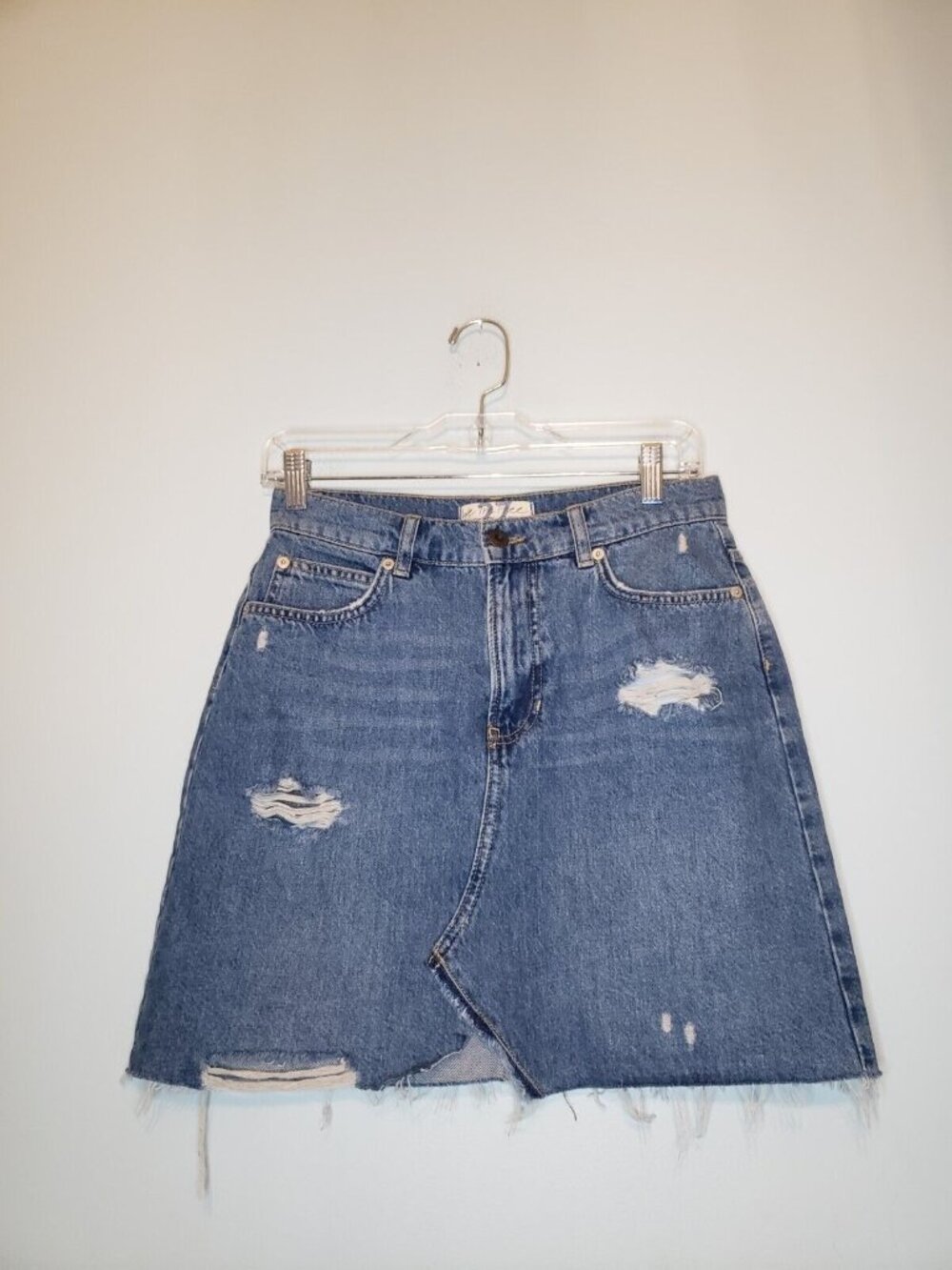We The Free People Women 27 Denim Mini Jean Skirt Blue Pencil Distressed Raw Hem